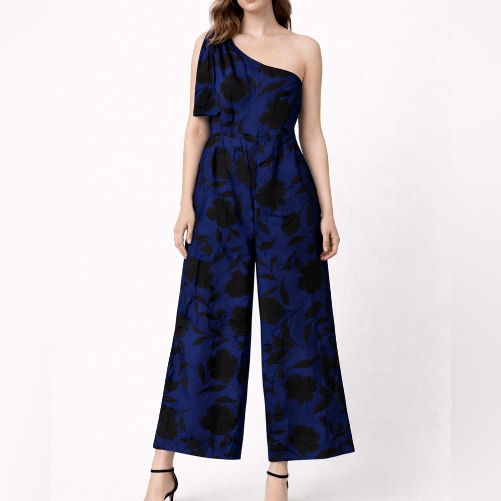 Kate Spade One-Shoulder Blue & Black Floral Wide-Leg Jumpsuit – Size 2 NWT
